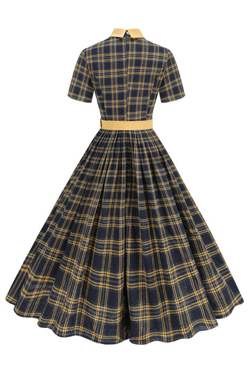 Vestido midi midi de 1950 con cuello Peter Pan a cuadros negros